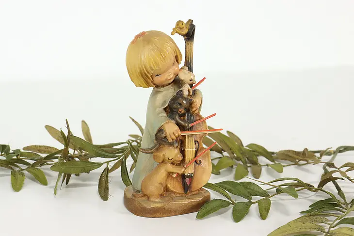 Hand Carved Vintage Young Girl Playing Cello with Pets Alpine Sculpture #41373
