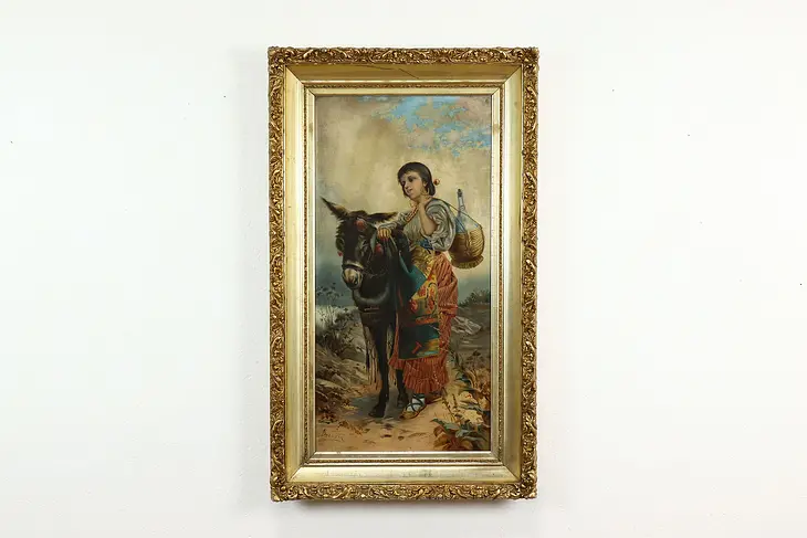 Spanish Woman & Donkey Antique Original Oil Painting 44.5" #41600