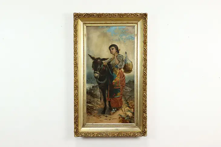 Spanish Woman & Donkey Antique Original Oil Painting 44.5" #41600