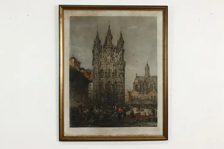 French Cathedral & Village Antique Etching Print, Fonce 29" #40057