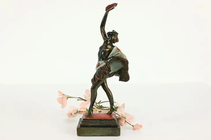 Art Deco Antique Bronze Spanish Dancer w/ Tambourine Sculpture, Herzel #41399