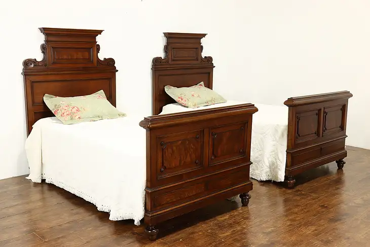 Pair of Antique Italian Renaissance Carved Walnut Twin or Single Beds #40572