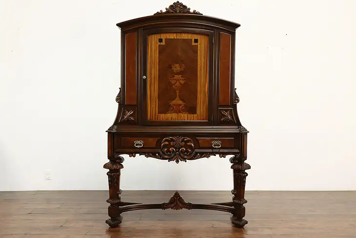 Tudor Design Antique Carved & Marquetry China or Bar Cabinet, Rockford #41713