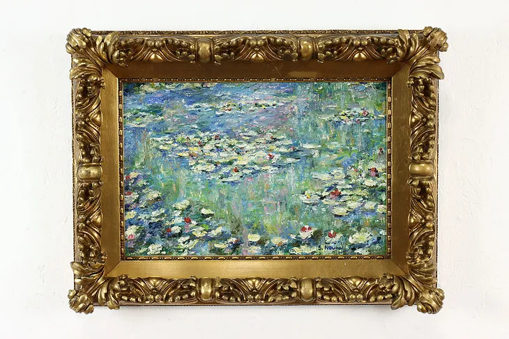 Water Lilies Floating in Pond Vintage Original Oil Painting Newhall 24.5" #39264