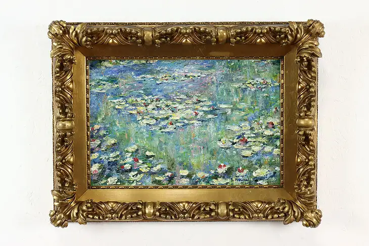 Water Lilies Floating in Pond Vintage Original Oil Painting Newhall 24.5" #39264