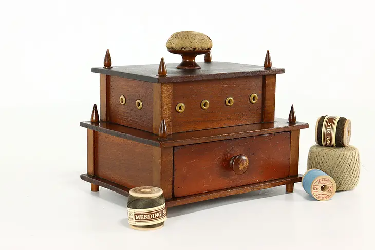Victorian Antique Walnut Sewing Caddy, Jewelry Drawer & Pin Cushion #40553