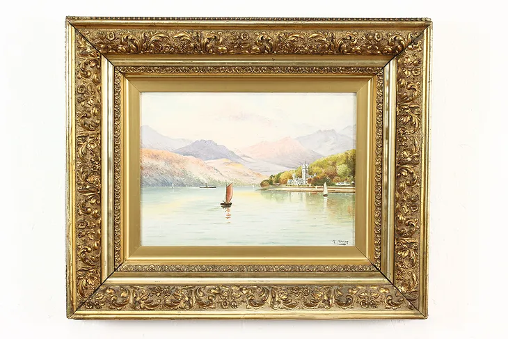 Scottish Loch & Sailboat Antique Original Oil Painting, Adam 22.5" #41199