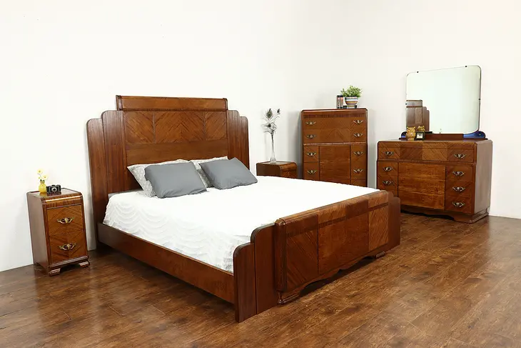 Art Deco Waterfall Design Vintage 5 Pc. Bedroom Set, King Size Bed #40349