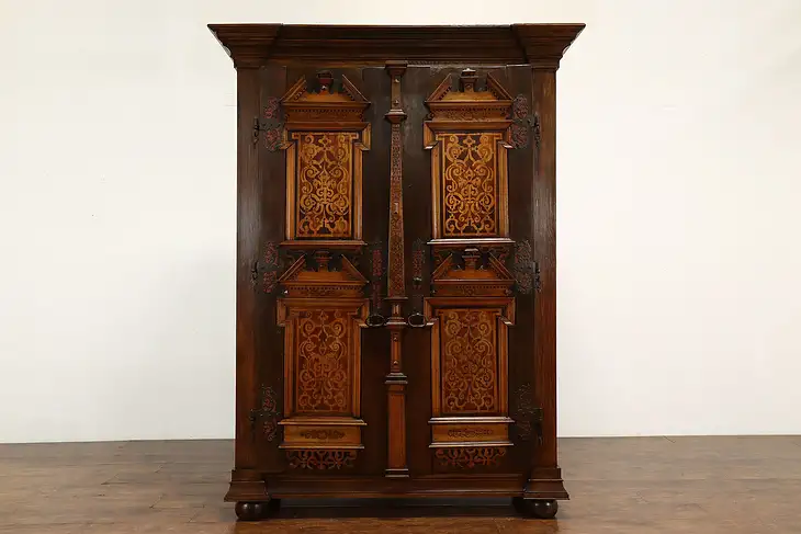 German Baroque Antique 1670s Oak & Birch Marquetry Schrank Armoire #41709