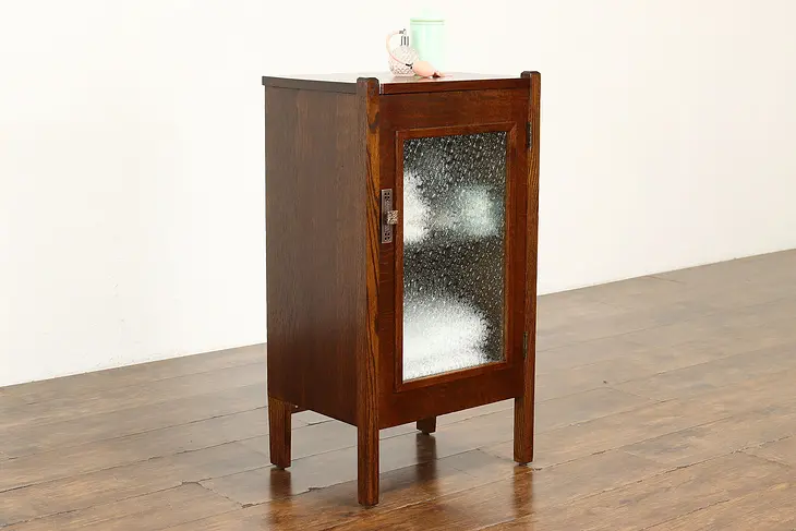 Arts & Crafts Mission Oak Chairside Bar or Bath Cabinet, Textured Glass #41780