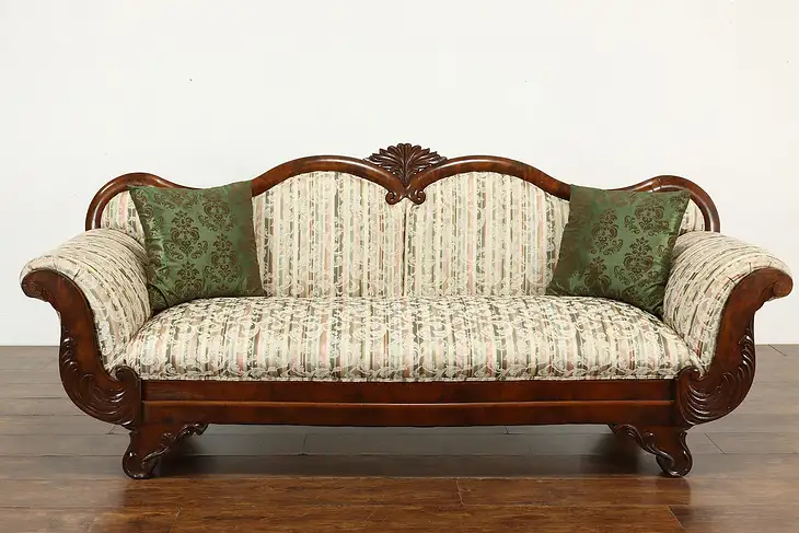 Empire Antique 1840s Carved Flame Grain Mahogany Sofa #41612