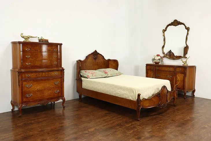 French Design Antique Carved Satinwood & Burl 3 Pc. Bedroom Set Full Size #41708