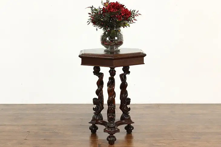 Italian Renaissance Antique Walnut Hexagonal Side Table, Woman & Serpent #41781