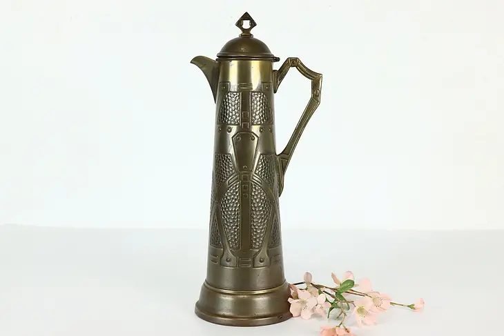 Arts & Crafts Design Antique Embossed Brass Pitcher or Tankard, Cover #41192