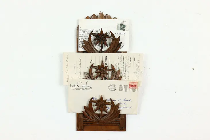 Black Forest Carved Vintage Flower Wall Pocket Letter Rack, Brienzer #40962
