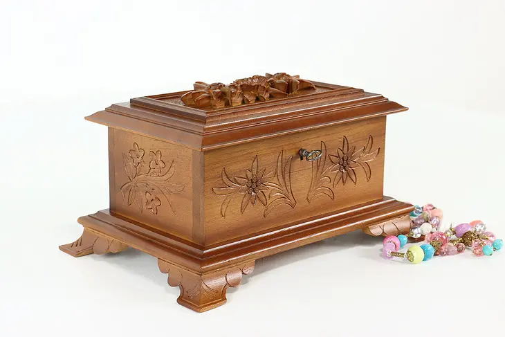 Swiss Folk Art Vintage Carved Walnut Music Box & Jewelry Chest, Reuge #40938