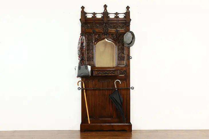 Gothic Antique French Chestnut Hall Stand, Iron Hooks, Beveled Mirror #40252