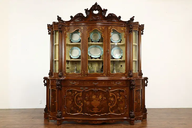 Italian Vintage Carved Walnut Marquetry Breakfront China Display Cabinet #40267