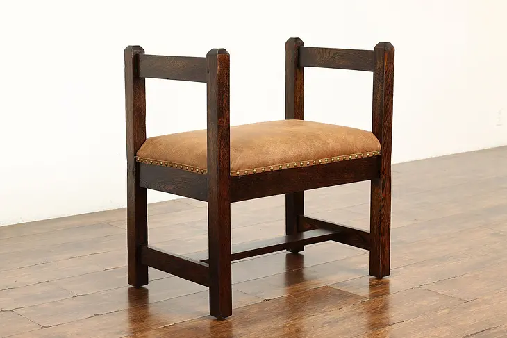 Arts & Crafts Mission Oak Antique Craftsman Hall Bench Leather Upholstery #41691