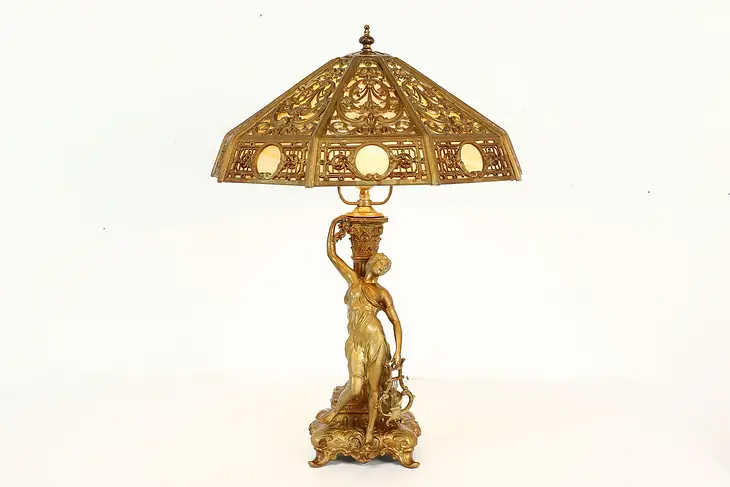 Neoclassical Antique Stained Glass Filigree Shade Office or Library Lamp #40576