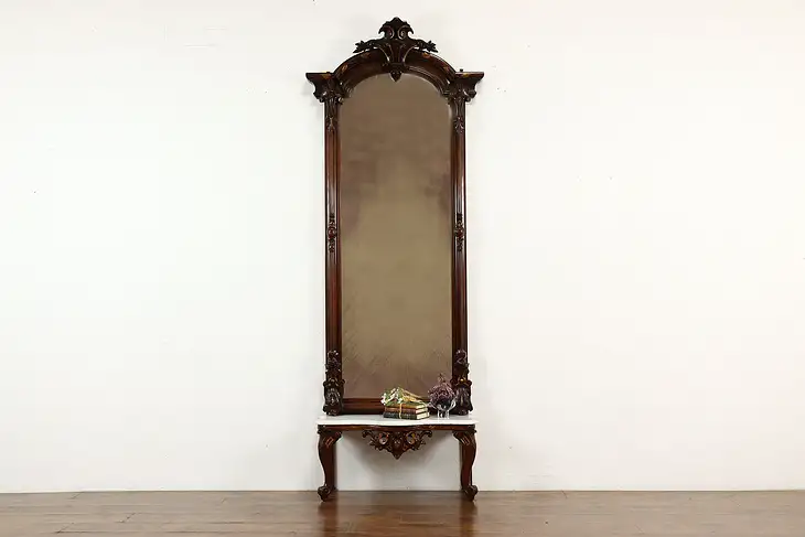 Victorian Antique Walnut Pier, Hall or Dressing Mirror, Marble Shelf Base #41607