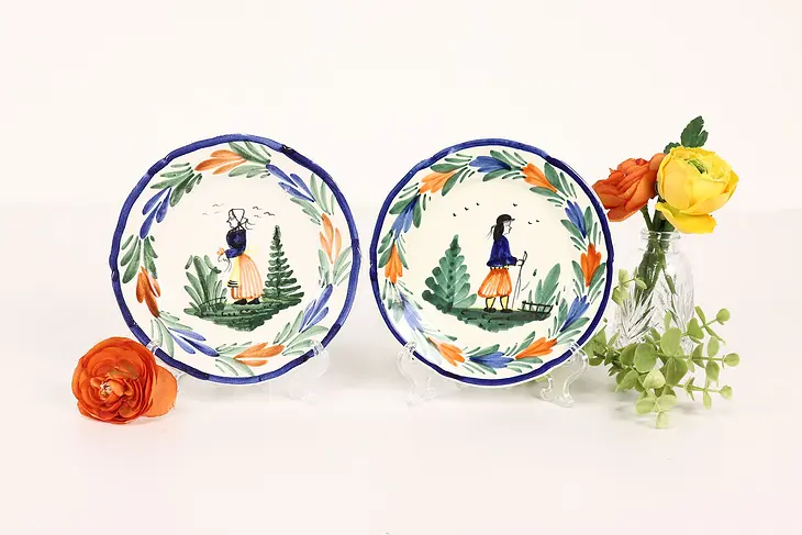 A Pair of Hand Painted Vintage Henriot Quimper Plates, Brittany, France #36649