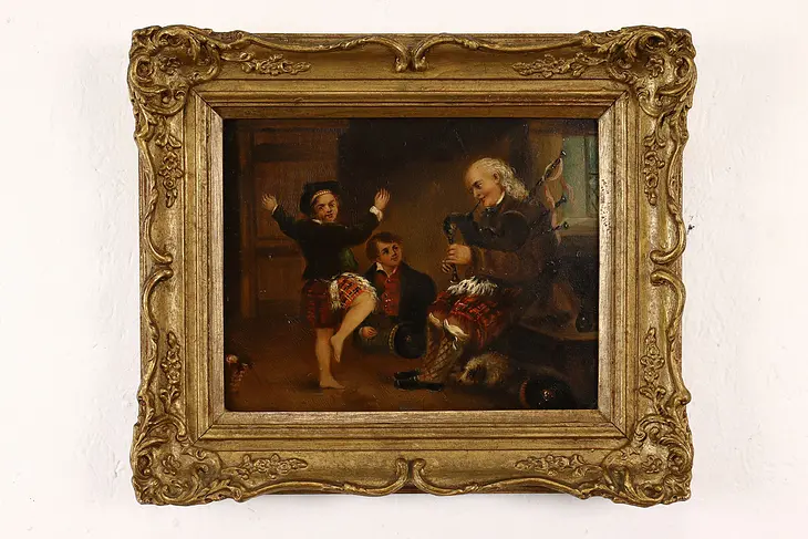 Highland Fling Scottish Original Antique Oil Painting Wilkie School 15.5" #41688