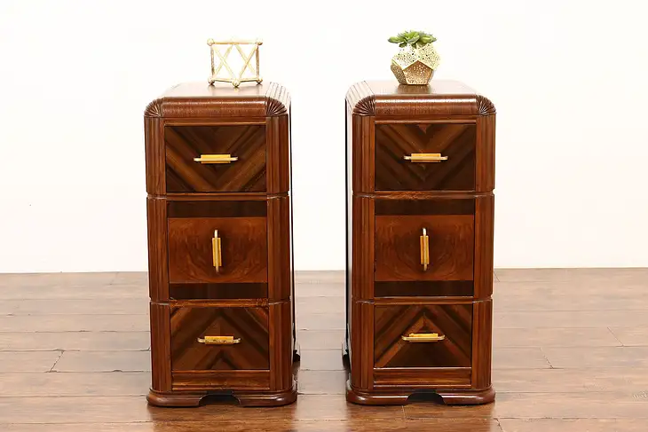 Pair of Art Deco Vintage Waterfall Nightstands End Tables, Bakelite Pulls #41783