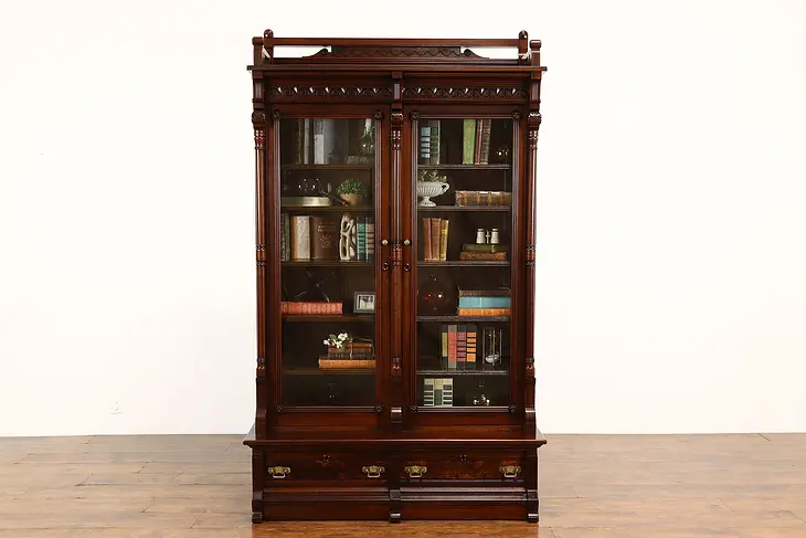 Victorian Eastlake Antique Walnut Office or Library Bookcase, Wavy Glass #41608