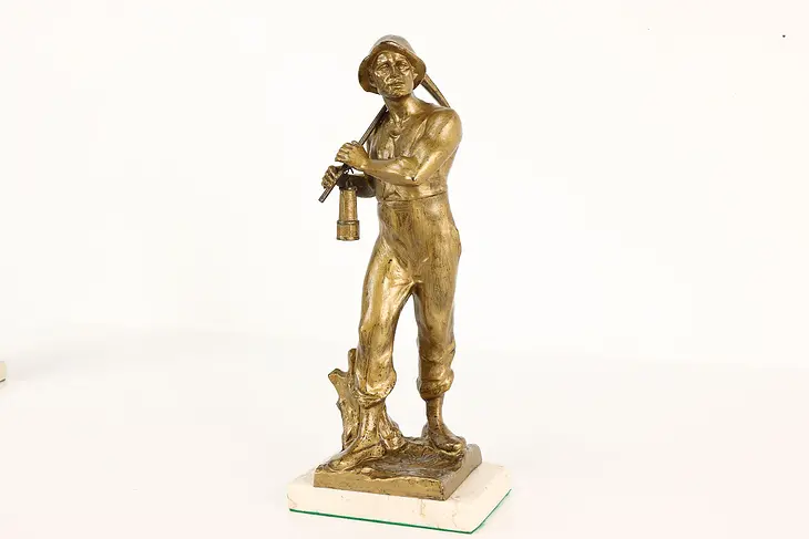 Miner with Pickaxe Statue Antique German Sculpture on Marble Base #41403