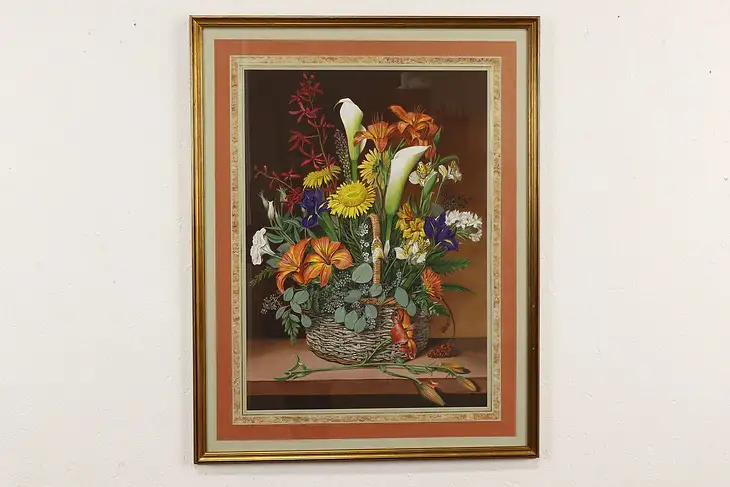 Still Life of Flowers in Basket Vintage Original Painting, Stolz 36" #40914