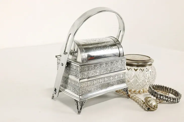 Victorian Antique Engraved Silverplate Triple Jewelry Box, Blue Velvet #41193