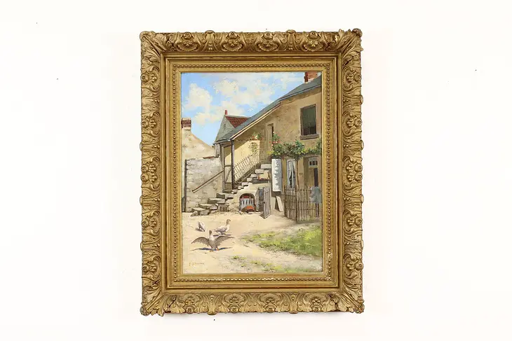 Farmhouse Geese in Courtyard Antique Original Oil Painting, Connell 26" #40494