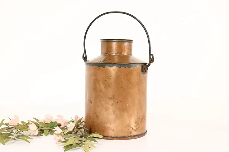 Farmhouse Antique Solid Copper Water Jug or Pitcher, Lid Cup, Iron Handle #41438