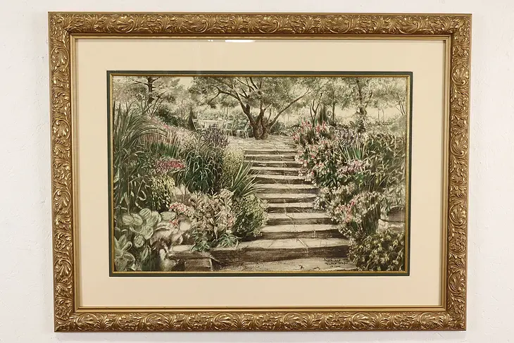 Patio Steps in a Garden Vintage Original Numbered Lithograph, Sahall 42" #41155