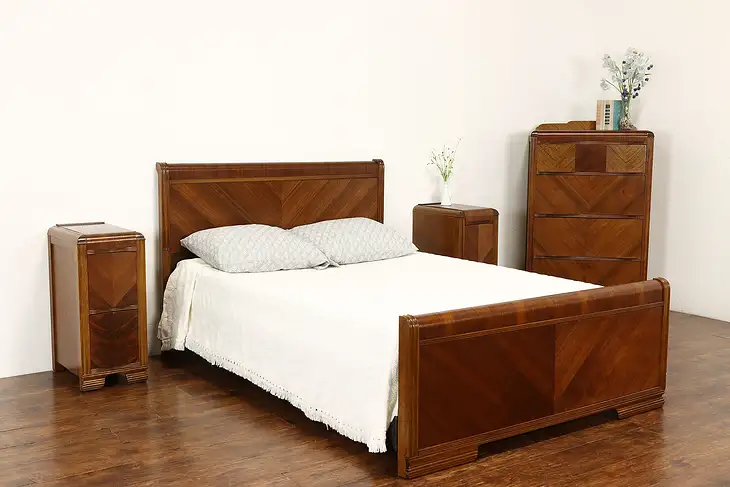 Art Deco Waterfall Design Vintage 4 Pc. Bedroom Set, Full Size Bed #41722