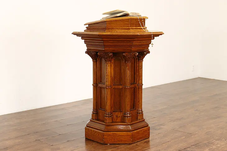 Gothic Antique Oak & Leather Podium, Reception Desk or Bible Stand #41639