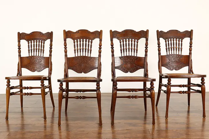 Farmhouse Set of 4 Victorian Antique Oak Pressback Carved Dining Chairs #41837