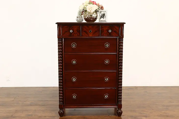 Empire Antique Mahogany Tall Chest or Dresser, Glass Knobs #40807