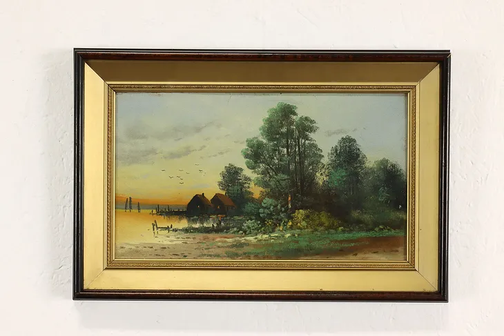 Lake with Cottages at Sunset Antique Original Pastel Painting 15.5" #41915