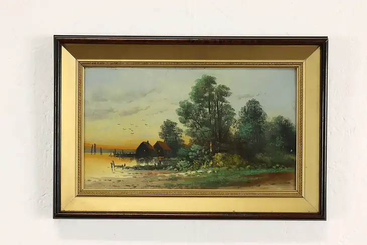 Lake with Cottages at Sunset Antique Original Pastel Painting 15.5" #41915