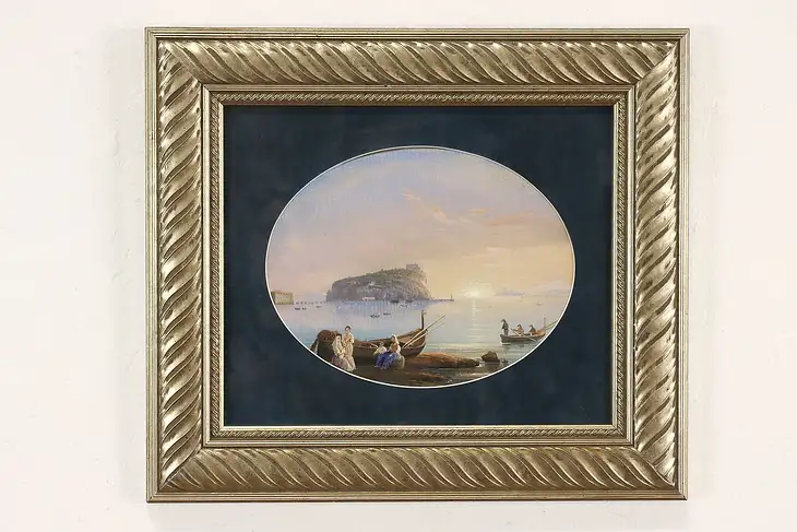 Mediterranean Island Scene Antique Original Watercolor Painting 17.5" #41482