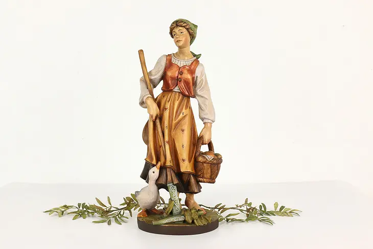 Swiss Vintage Hand Carved & Painted Farm Girl with Goose Sculpture #40931