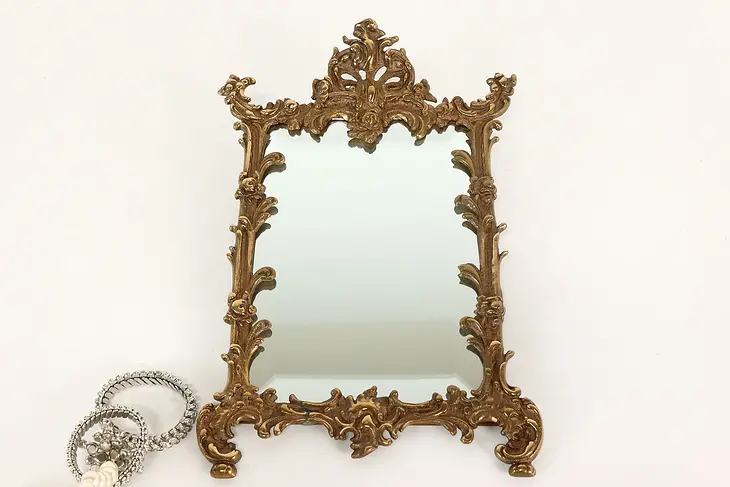 Victorian Antique Brass Ornate Wall Hanging Beveled Mirror #41867