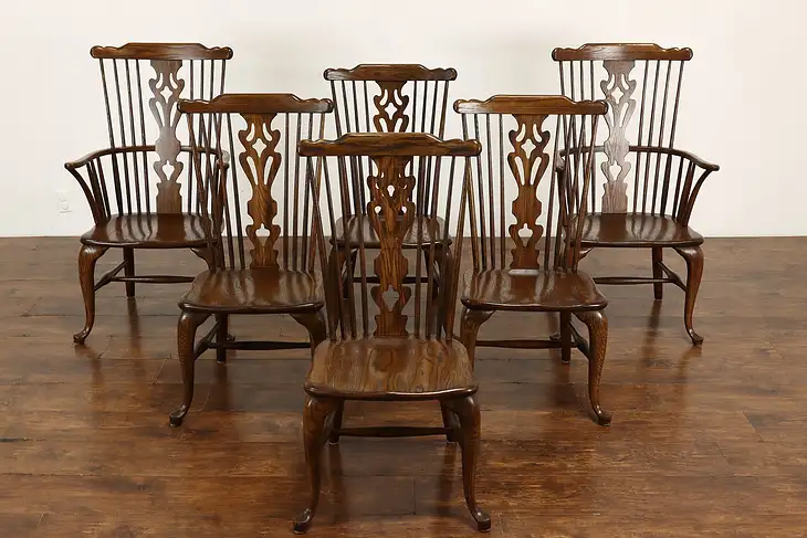 Set of 6 Farmhouse Vintage Georgian Windsor Design Oak Dining Chairs #36433