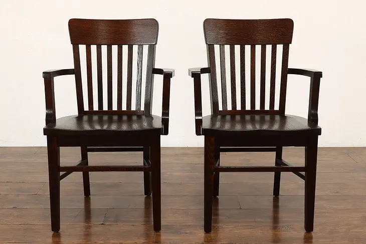 Pair of Arts & Crafts Antique Oak Craftsman Banker, Office or Desk Chairs #39750