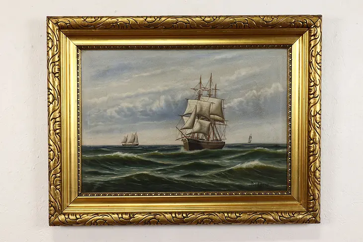 Sailing Ships at Sea Vintage Original Oil Painting, Lange 33" #41913