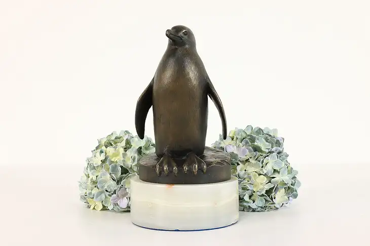 Bronze Penguin Statue on Onyx Base Vintage Sculpture, Mendla #41874