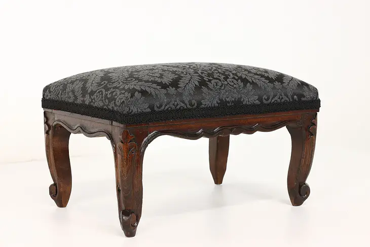 Country French Carved Beech Antique French Footstool, New Upholstery #41879
