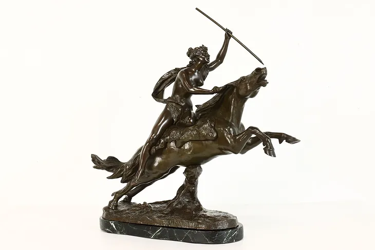 Bronze Valkyrie Warrior on Horse Sculpture Vintage Statue, Marble Base #42050